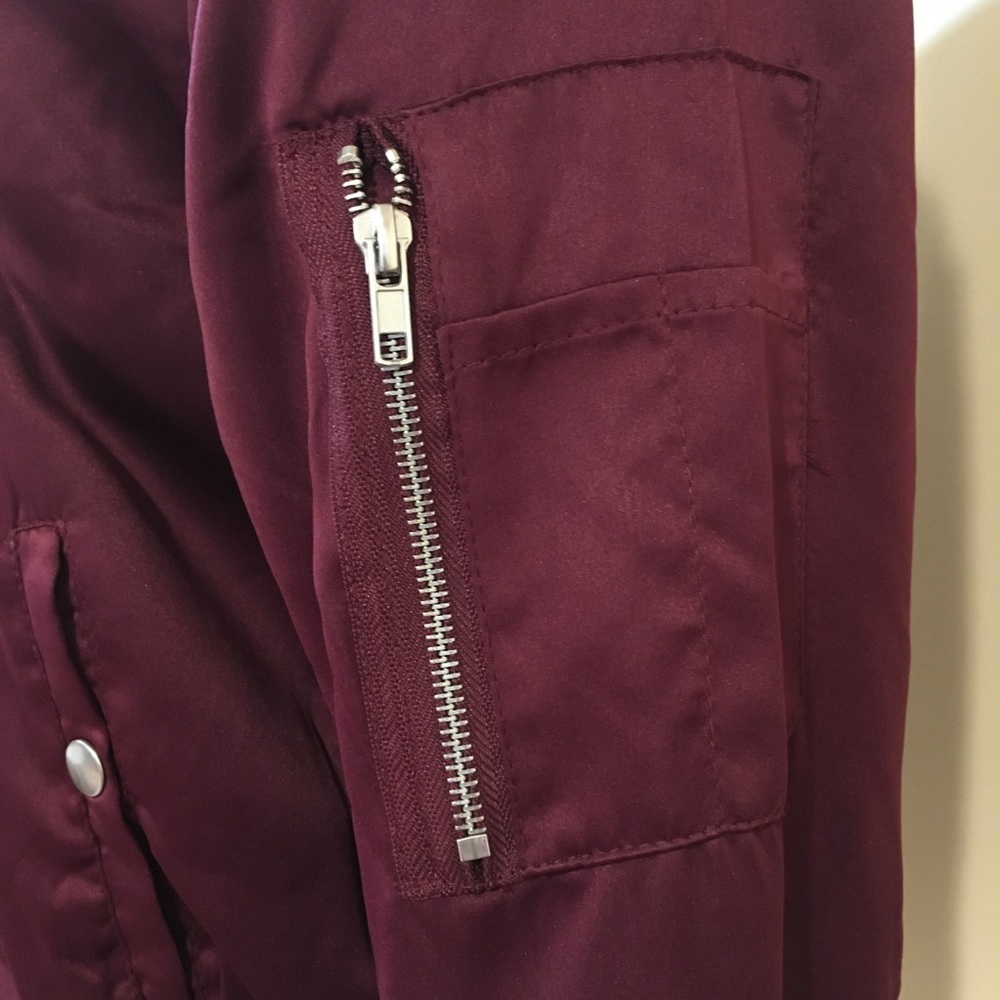 Burgundy Quilted Satin Zip Front Bomber Jacket - Picture 7 of 8